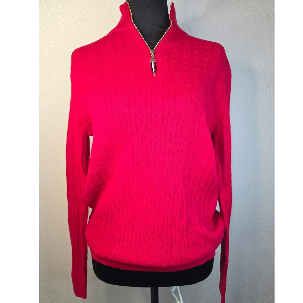 Tommy Hilfiger Red Mock Neck Quarter-zip Sweater Classic Ribbed 100% Cotton Knit